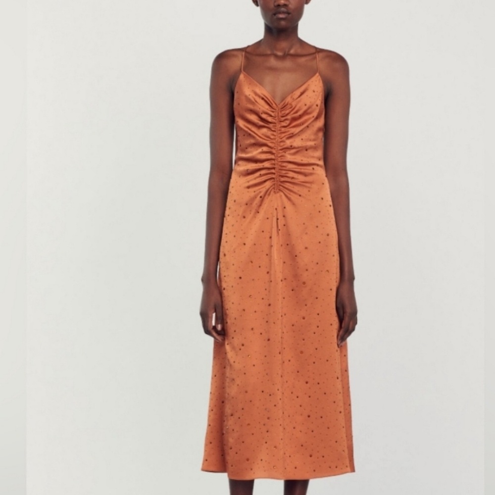 Sandro Brown Silk Rhinestone Dress Size 34 EU NWT